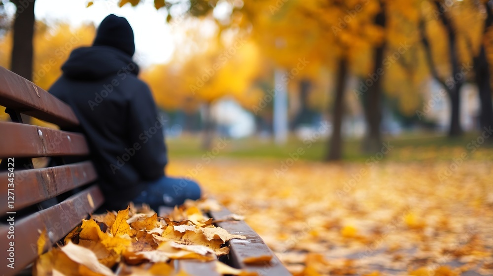 Poster melancholic view of a man sitting alone on a park bench surrounded by colorful autumn leaves : gener