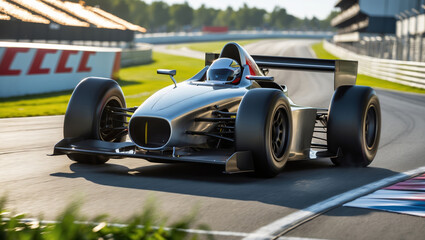 Race car speeding around a professional track on a sunny day with clear skies and a vibrant atmosphere