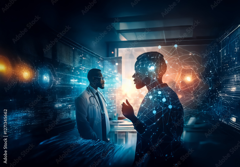 Poster a doctor in a white coat faces a figure outlined by glowing digital lines in a dark, futuristic room