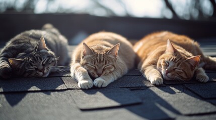 Obraz premium Three cats bask blissfully on a sunlit patio, embodying camaraderie and tranquility in the warmth of the afternoon light.