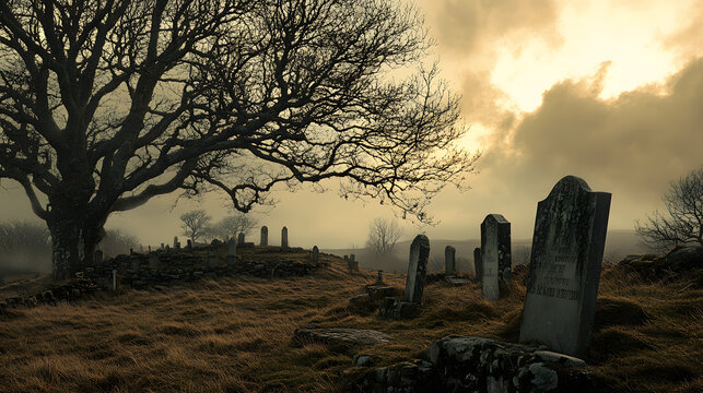A forgotten graveyard on a hilltop, where the gravestones are weathered and cracked. The wind moans through the trees, and a pale figure watches from the shadows.
