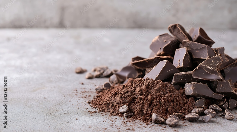 Poster A stack of rich chocolate pieces and cocoa powder displaying indulgence and temptation in a culinary composition : Generative AI