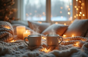 Cozy winter scene with steaming mugs, soft fuzzy blankets, warm twinkling lights. Golden glow bathes intimate space, creating inviting atmosphere, perfect for heartfelt conversations, romantic date,
