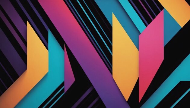 A vibrant abstract composition featuring intersecting diagonal parallel lines and sharp angled shapes in purple, yellow, teal, and pink against a black background
