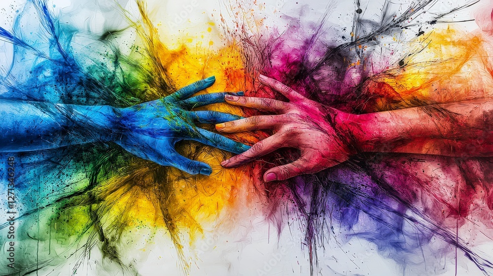 Poster Interconnected hands expressing unity and diversity in abstract painting art studio digital art vibrant environment