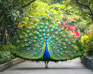 Obraz premium regal peacock displays vibrant feathers in lush garden setting
