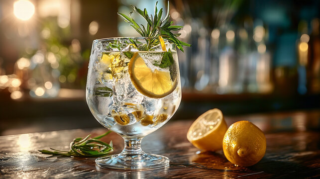 classic Old Fashioned cocktail on a dimly lit bar counter, featuring gin, ice cubes, and a lemon wedge garnish. Perfect for cocktail menus and upscale nightlife imagery.