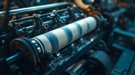 Fototapeta premium Vintage Textile Machinery in Action: A Detailed Close-up of Industrial Production.
