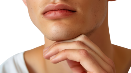 Close-Up of a Thoughtful Person's Hand Resting on Chin Isolated on White Background