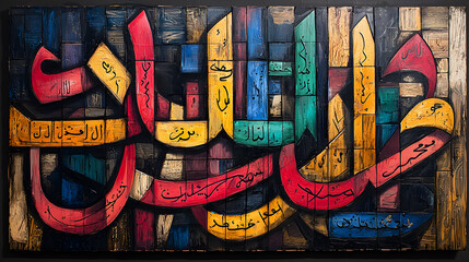 Vibrant mosaic painting featuring Arabic calligraphy and geometric design