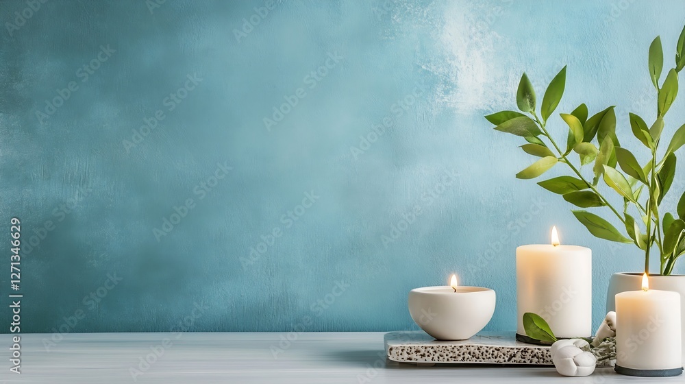 Poster tranquil arrangement of candles and a vase with green leaves on a soft blue background for serene am