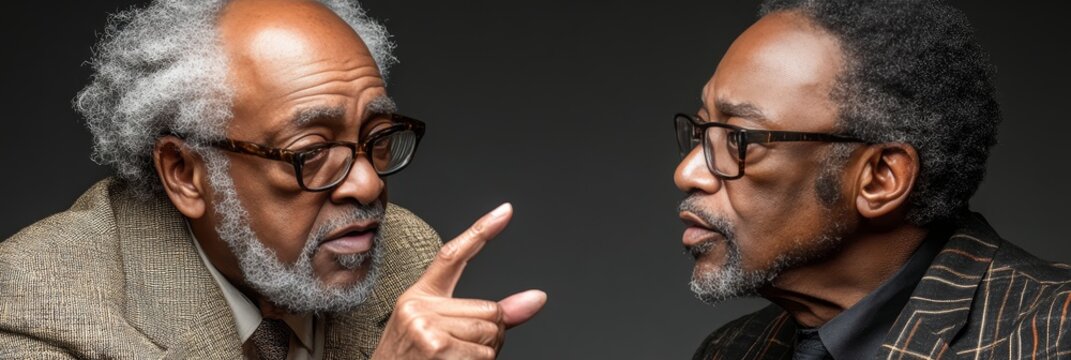 Two Senior Mature Black Men Animated Conversation Gesturing Pointing Finger Photojournalistic
