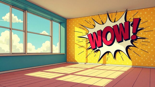 Empty room with a vibrant comic book style wall featuring a large WOW exclamation point, bathed in sunlight streaming through a large window.