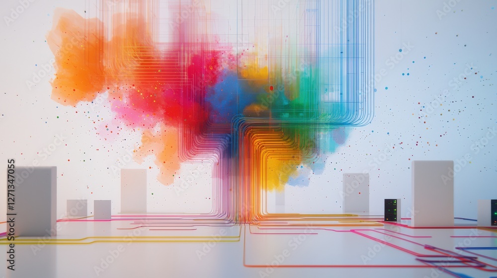Poster a colorful explosion of lines and shapes with a white background. the image is abstract