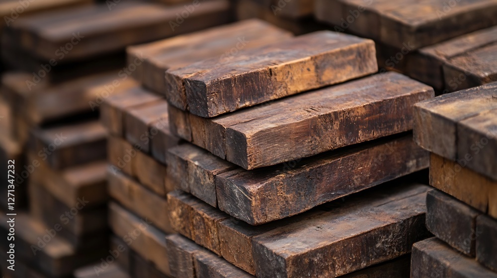 Poster stacked wooden planks neatly arranged for construction and carpentry projects in a rustic setting : 