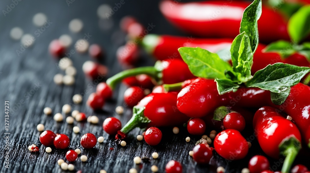 Poster fresh red chili peppers and fragrant herbs on a rustic wooden table highlighting culinary delights :