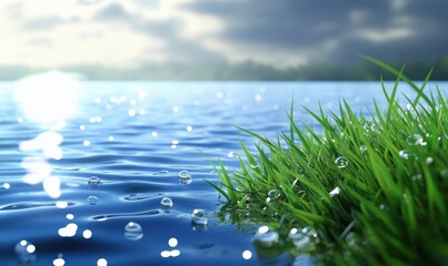 Serene lakeside view with dew-kissed grass under a cloudy sky reflecting shimmering water