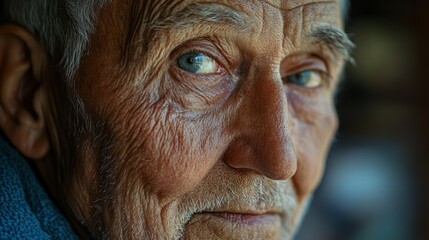 Obraz premium A close-up of an elderly face showcases deep wrinkles and expressive eyes, reflecting a lifetime of experiences and wisdom.