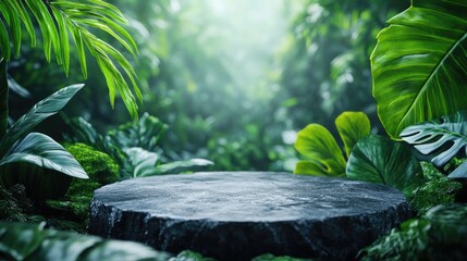 Stone stand for advertising products in a tropical forest.