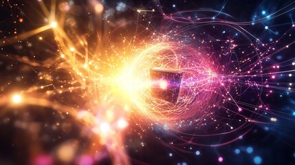 Abstract Digital Cube Energy Flow Network Connections Vivid Colorful Glowing Light Rays Futuristic Technology Background Design Illustration Neon Pink