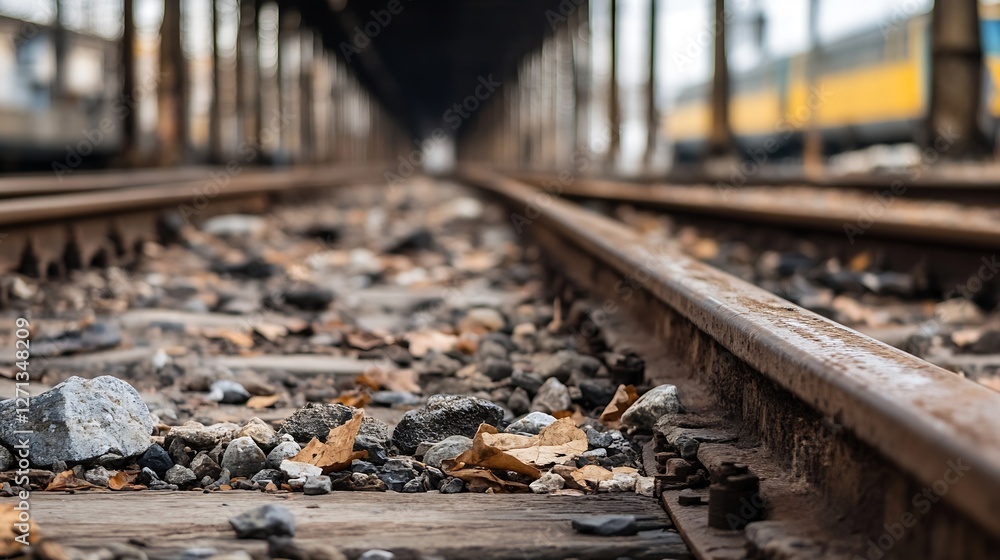 Poster low angle view of train tracks with rocks and leaves under an abandoned structure highlighting urban