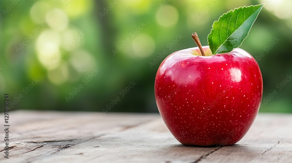 Poster fresh red apple with a green leaf resting on a wooden table against a soft blurred green background 