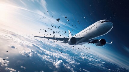 Naklejka premium Space debris descending near airplane, symbolizing growing aviation risks.