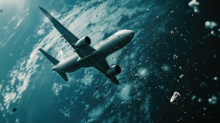 Fototapeta premium Space debris descending near airplane, symbolizing growing aviation risks.