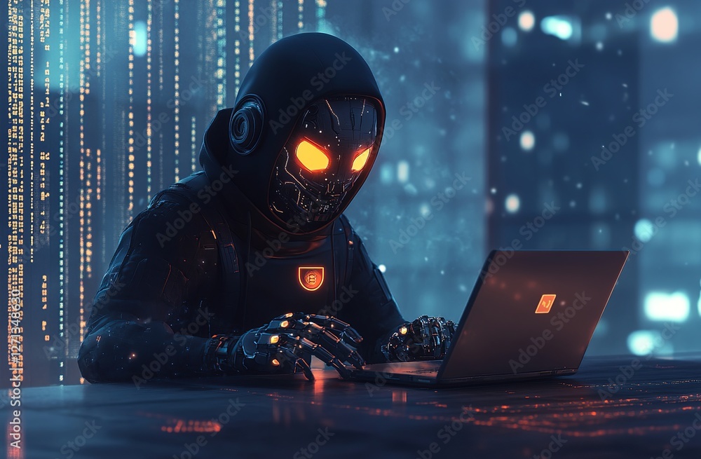 Poster cyberpunk robot uses advanced technology to code futuristic programs efficiently at night