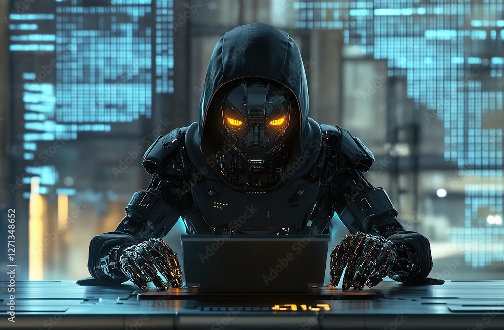 Poster cybernetic robot secretly codes data in futuristic setting mysteriously