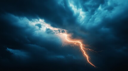 Obraz premium A dramatic bolt of lightning splits the dark, turbulent clouds, illuminating the stormy sky.