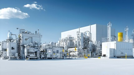 Modern Industrial Plant with White Machinery Under Bright Sky