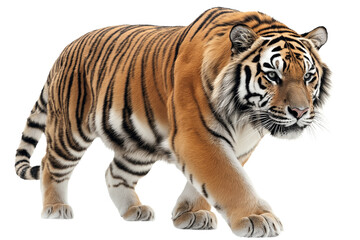 Fototapeta premium A pair of majestic tigers with bold black stripes and golden-orange fur move gracefully, showcasing their power and intensity.