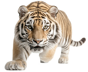 Fototapeta premium A pair of majestic tigers with bold black stripes and golden-orange fur move gracefully, showcasing their power and intensity.