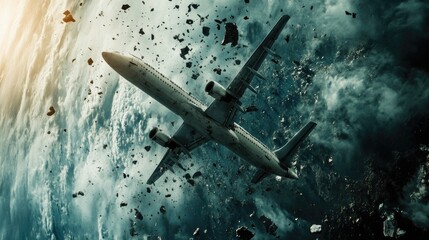 Obraz premium Space debris descending near airplane, symbolizing growing aviation risks.