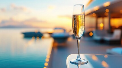 Glass of champagne against the sea and yachts. Romantic evening with champagne on a yacht by the sea. Glass goblet with champagne against the sunset sky and water.