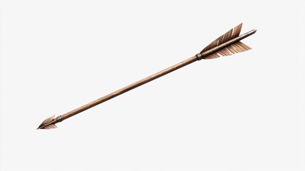 Brown Wooden Arrow with Feathers on White Background
