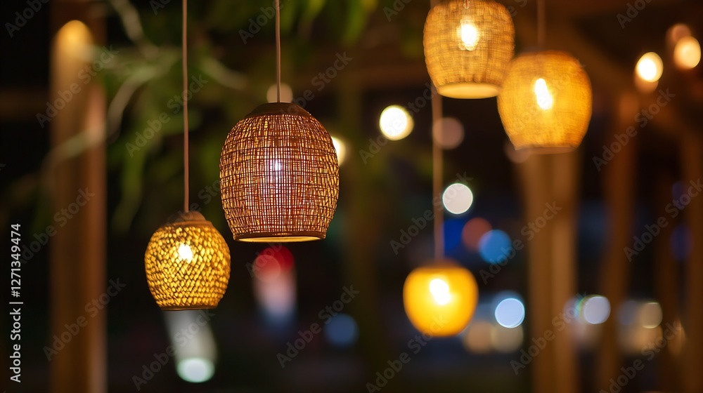 Leinwandbilder charming hanging wicker lights creating a cozy atmosphere in a modern setting : generative ai