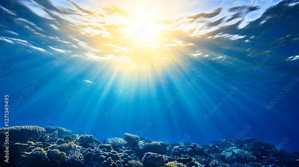 Aufkleber Breathtaking Underwater Scene with Sunlight Filtering Through Ocean Waves Over Coral Reef : Generative AI