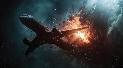 Fototapeta premium Space debris descending near airplane, symbolizing growing aviation risks.