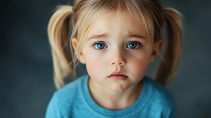 Naklejka premium Sad toddler girl portrait, studio, grey background, child psychology