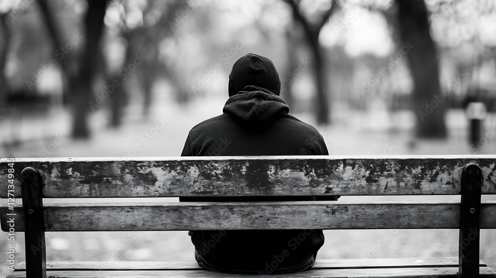 Poster Black and white image of a person sitting alone on a park bench surrounded by trees creating a mood of solitude : Generative AI
