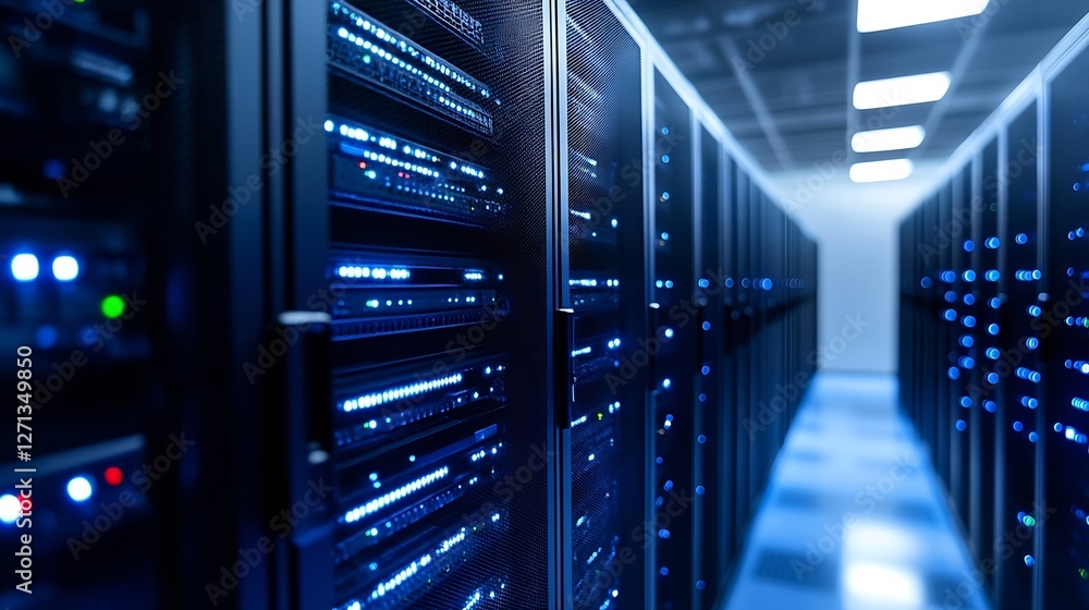 Poster A futuristic server room filled with illuminated data storage systems highlighting technology infrastructure : Generative AI