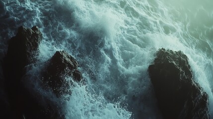 Tumultuous sea waves crash against rocks, creating a powerful and dramatic display of nature's raw power and untamed beauty.