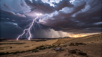A dramatic lightning storm over a desert landscape.