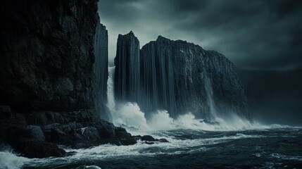 Sheer rock cliffs stand firm against crashing sea waves beneath a moody sky, epitomizing nature's strength and its dramatic allure.