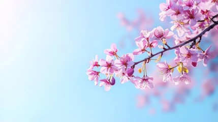 Fototapeta premium Pink Cherry Blossoms Branch Against a Soft Blue Sky
