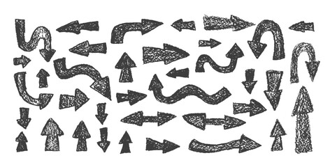 Arrow set pencil drawing. Chalk handwritten symbols. Pointers by pencil isolated. Vector freehand elements illustration.
