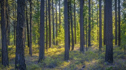 Fototapeta premium a serene background of a pine forest with tall trees and dappled sunlight.