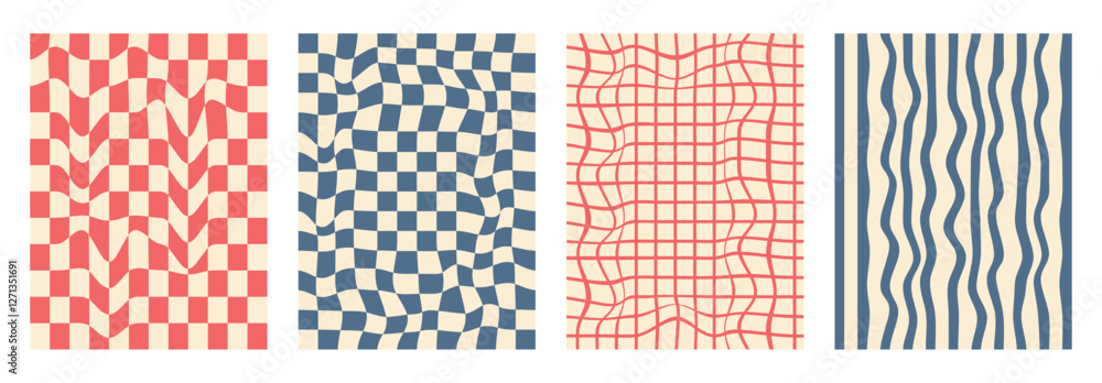 Poster groovy checkerboard pattern set. psychedelic checker background pack. trippy y2k retro vertical text